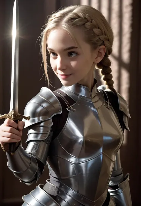 ((cinemtic shoot)) ((fantasy)) , ((rpg)),   ((focus on character)),  photo of   1 girl, petite body, 18 yo girl,  slender, small breasts , s-shaped braid   from nords , as knight - plate armor with heraldetic pattern, sharpens the sword, large sword in hand, clera face, majestatic , envy smile  BREAK, perfect detailed face, intricated skin,   realistic, ((photorealistic)) rim lights, dark shadows, cinematic scene , movie shoot  , dark, , defined muscles, extremely detailed, glass reflection, dark shadows, hard light hard shadows, ,vellus,subcutaneous veins,, shallow depth of field, vignette, highly detailed, high budget Hollywood film, cinemascope, moody, epic, gorgeous, detailed background ,  ((darkfull )) , detailed  realistic toes