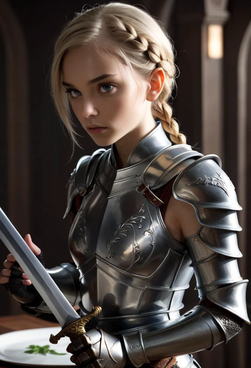 ((cinemtic shoot)) ((fantasy)) , ((rpg)), ((focus on character)), photo of 1 girl, ite body, 18 yo girl, slender, small breasts , rope braid from high elves (altmer) , as knight - plate armor with dragon pattern, sharpens the sword, large sword in hand, clera face, majestatic , sad BREAK, perfect detailed face, intricated skin, realistic, ((photorealistic)) rim lights, dark shadows, cinematic scene , movie shoot , dark, , defined muscles, extremely detailed, glass reflection, dark shadows, hard light hard shadows, ,vellus,subcutaneous veins,, shallow depth of field, vignette, highly detailed, high budget Hollywood film, cinemascope, moody, epic, gorgeous, detailed background , ((darkfull )) , detailed realistic toes