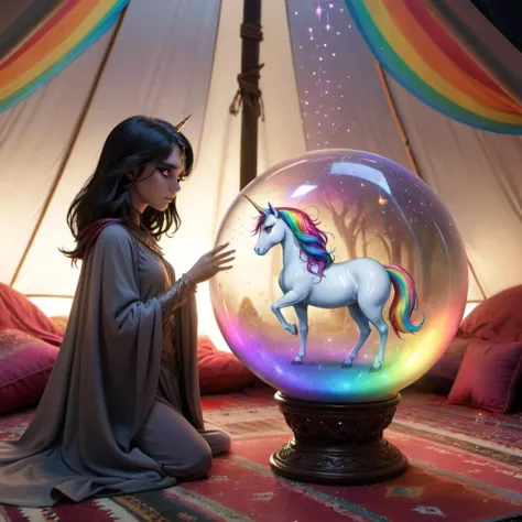 mysterious caped Arabian girl in a dark and smoky oriental cloth tent is looking inside a magical glass orb showing the land of rainbow unicorn, there is a demonic sparkle in her eyes, 8k, epic realistic, high detail, side view