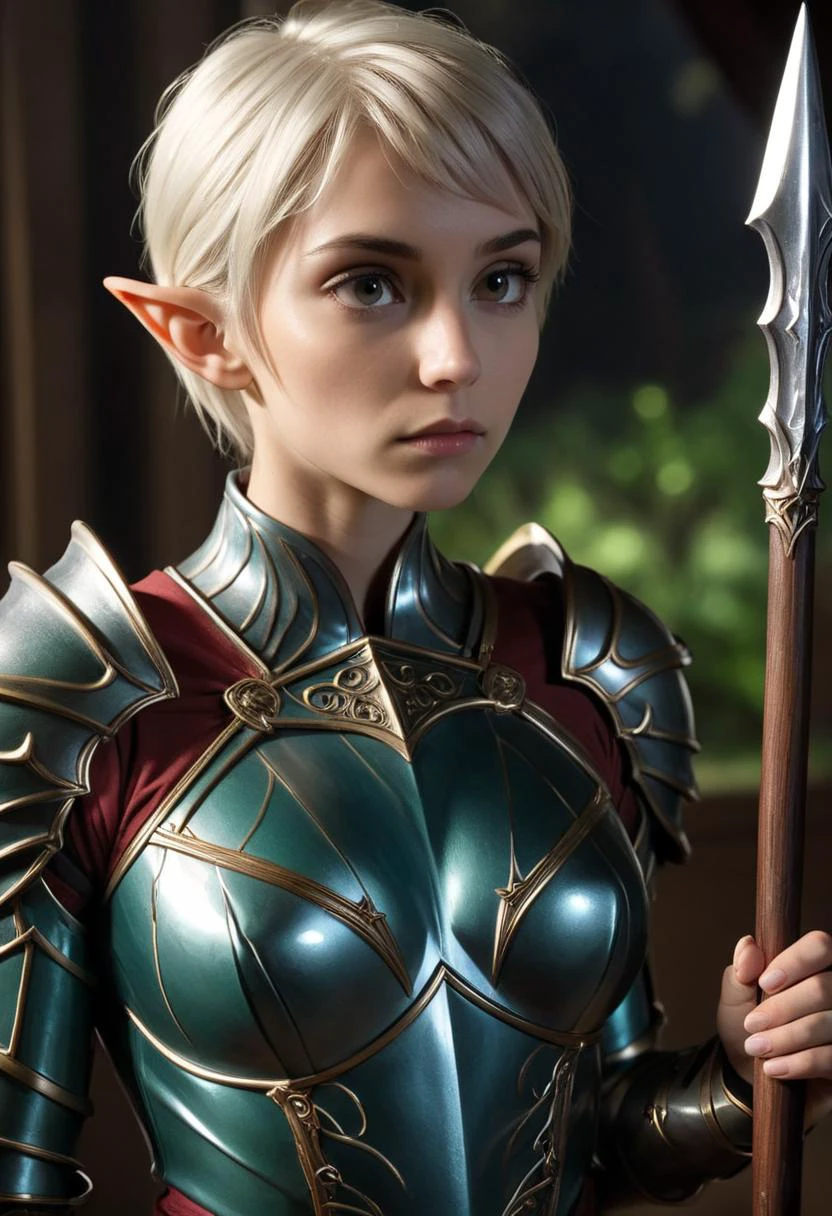 ((cinemtic shoot)) ((fantasy)) , ((rpg)), ((focus on character)), photo of 1 girl, ite body, 18 yo girl, slender, small breasts , medium hair from high elves (altmer) , as ancient warrior - wear metal armor holding spear with long wooden shaft , sad BREAK, perfect detailed face, intricated skin, realistic, ((photorealistic)) rim lights, dark shadows, cinematic scene , movie shoot , dark, , defined muscles, extremely detailed, glass reflection, dark shadows, hard light hard shadows, ,vellus,subcutaneous veins,, shallow depth of field, vignette, highly detailed, high budget Hollywood film, cinemascope, moody, epic, gorgeous, detailed background , ((darkfull )) , detailed realistic toes