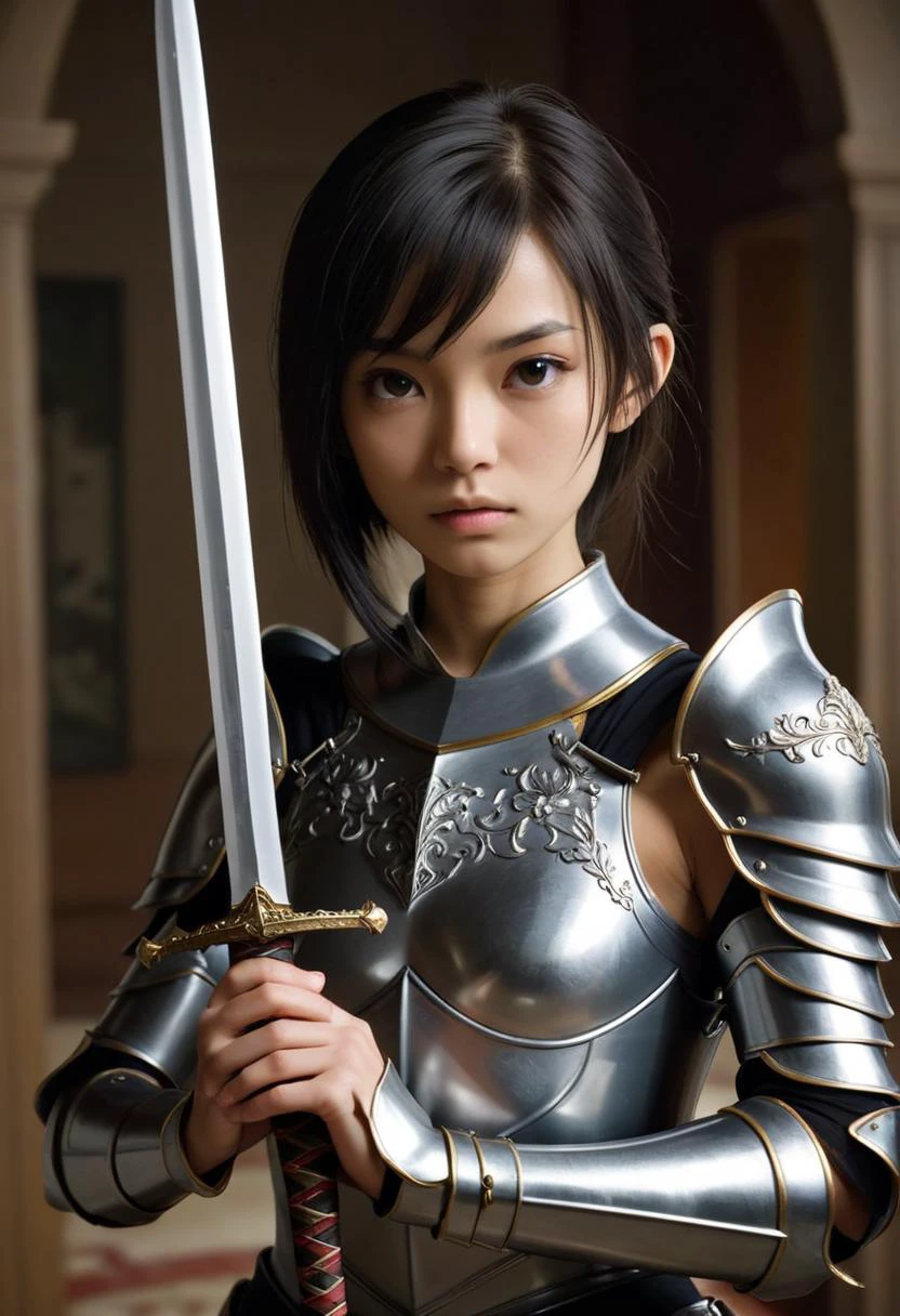 ((cinemtic shoot)) ((fantasy)) , ((rpg)), ((focus on character)), photo of 1 girl, ite body, 18 yo girl, slender, small breasts , nihongami from maormer , as knight - plate armor with floral pattern, sharpens the sword, large sword in hand, clera face, majestatic , rage BREAK, perfect detailed face, intricated skin, realistic, ((photorealistic)) rim lights, dark shadows, cinematic scene , movie shoot , dark, , defined muscles, extremely detailed, glass reflection, dark shadows, hard light hard shadows, ,vellus,subcutaneous veins,, shallow depth of field, vignette, highly detailed, high budget Hollywood film, cinemascope, moody, epic, gorgeous, detailed background , ((darkfull )) , detailed realistic toes