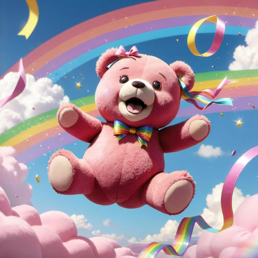 cute pink teddybear with glittering ribbons flying on the rainbow to happyland, screaming joyfully, 8k, epic realistic, high detail