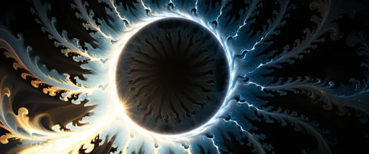 an abstract depiction of sun surrounded by shadow as a fluid fractal image