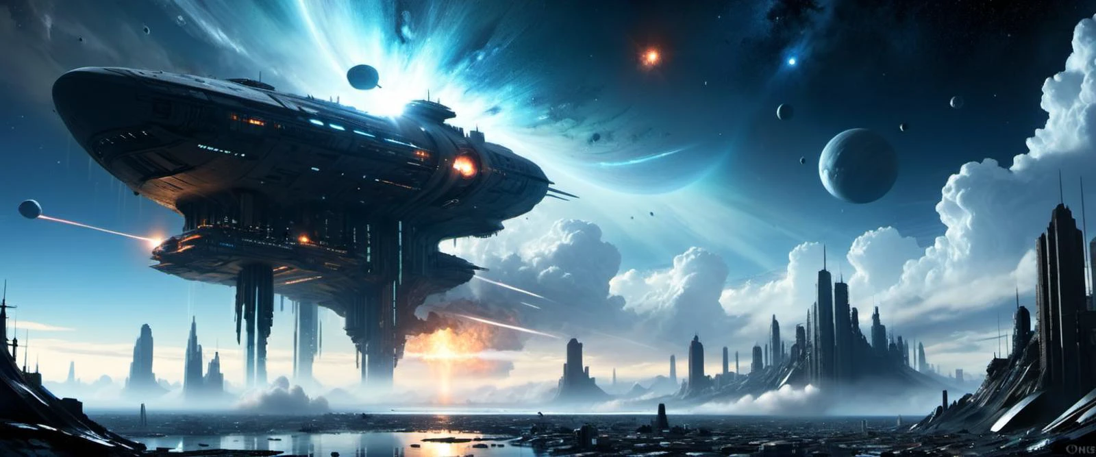 Tundra , , outside of a futuristic cyberpunk town in the style of a mix of space age and utopian with smooth detail in the style of John Berkey , one big clouds,, in the sky is stars and asteroid belts and supernova ,