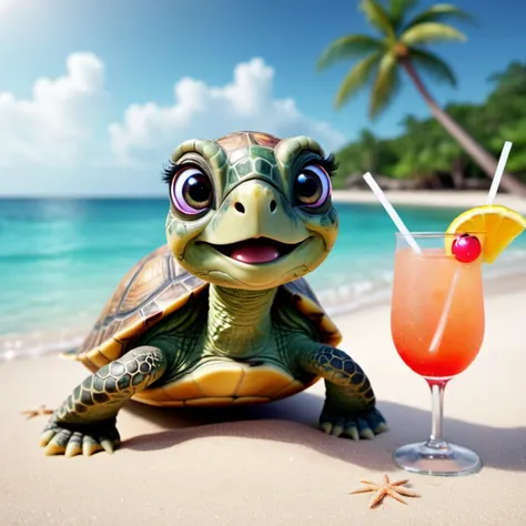 cinematic holiday photo of cute turtle with big glittering eyes, enjoying the tropical beach, drinking a cocktail, 8k, high detail