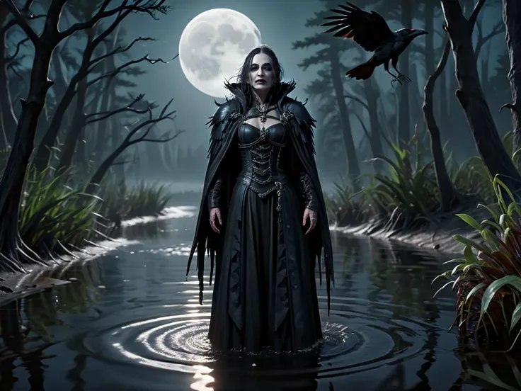 unrealengine, gothic, evil crone, decaying skin, long lank hair, standing in water, standing in the middle of a dark dank forest at night, wearing a full-length dark coat with shiny black fittings, 

(a crow on her on shoulder:1.3),

full moon,

putrid river in background,

8k, epic realistic, ultra detail