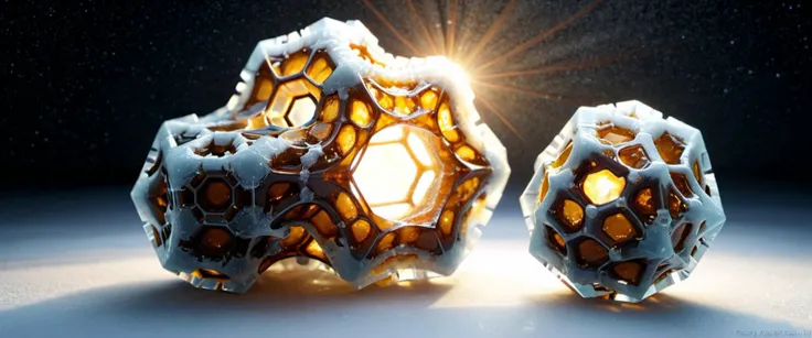 Rhombic Dodecahedral Honeycomb made of ice , on a fractalite layer of starlight , realistic