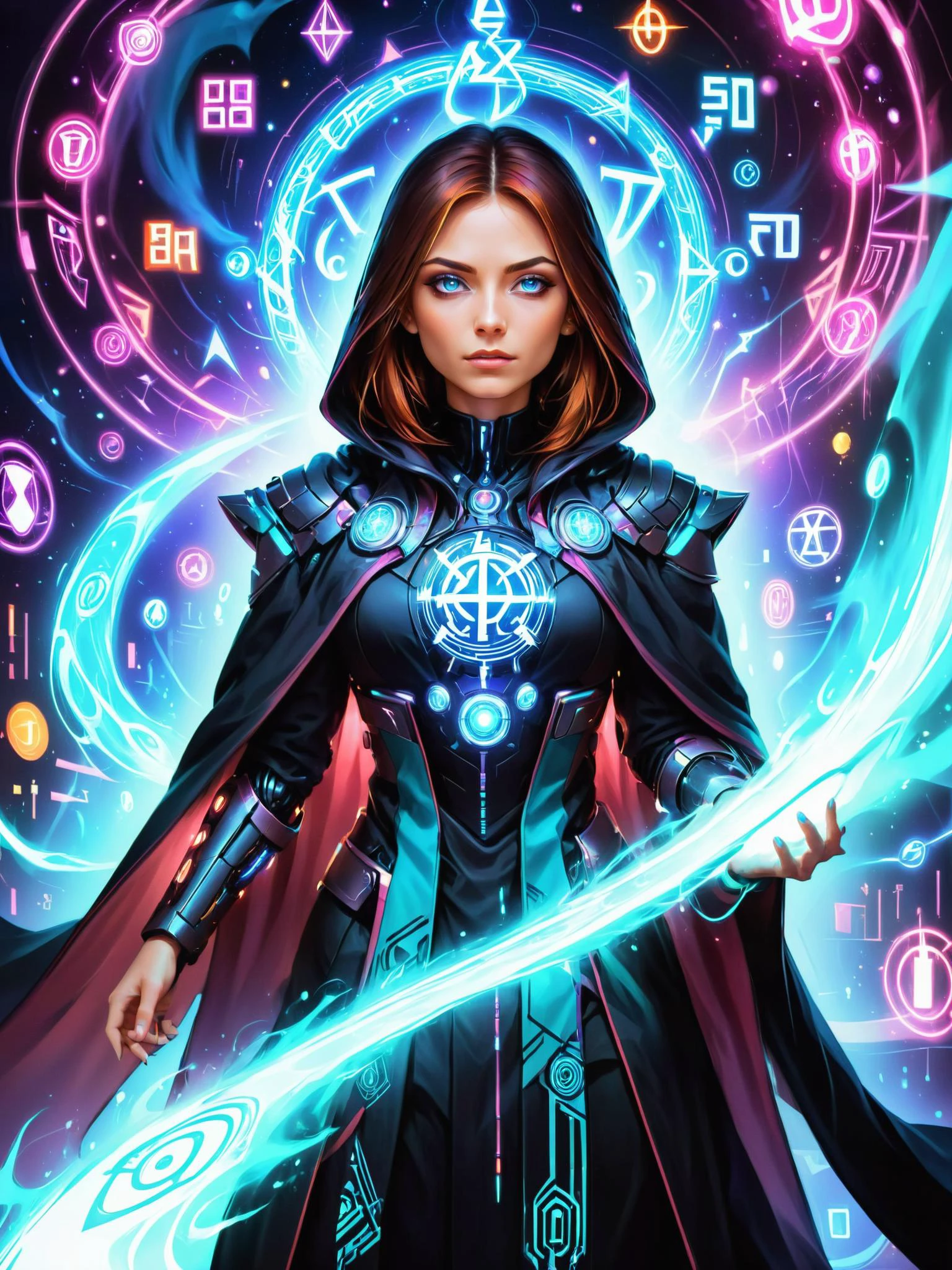 hard edge painting of Abstract Expressionist style of abstract photo of (A cybernetic mage with glowing runes, a cyber cloak, and techno-wizardry. Cybernetic blues, mystical glows, and techno-magic symbols. Mystical and technologically advanced.), <lora:RMSDXL_Creative:0.8>. <lora:SDXLFaeTastic2400:0.8>. Artistic, unique, creative, unconventional . bold colors, vigorous brushwork, non-representational, spontaneous, expressive, emotional,boring . geometric, sharp edges, flat color, modern, bold,soft
