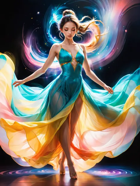 hard edge painting of Abstract Expressionist style of abstract photo of (A graceful dancer in a flowing gown, with ethereal movements and captivating charm. Soft pastels, flowing fabrics, and luminescent glows. Graceful and enchanting.), <lora:RMSDXL_Creative:0.8>.  <lora:SDXLFaeTastic2400:0.8>. Artistic, unique, creative, unconventional . bold colors, vigorous brushwork, non-representational, spontaneous, expressive, emotional,boring . geometric, sharp edges, flat color, modern, bold,soft