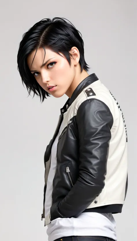 1boy, black hair, white background, short cut hair, leather jacket, tshirt, upper body, detailed shape, detailed line, art of fighting attitude, color manga style