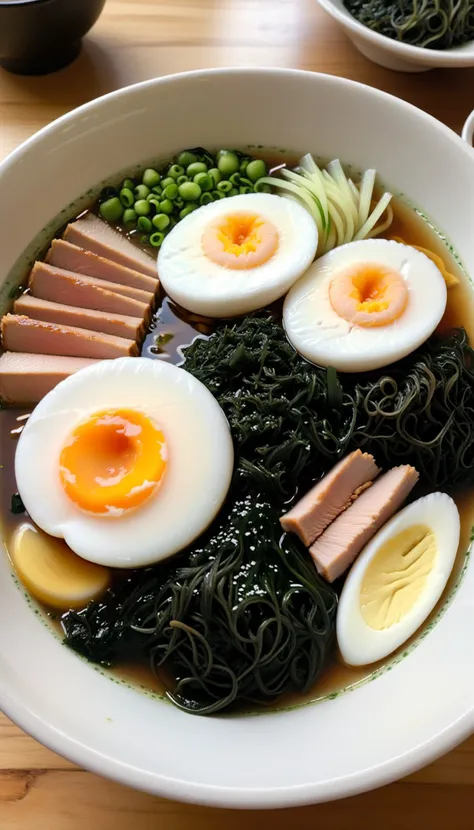 bowl of steaming hot ramen noodles, with a variety of toppings including sliced pork, boiled egg, green onions, and a sheet of nori (dried seaweed). The broth looks rich and flavorful, likely made from a combination of chicken, pork, and dashi.