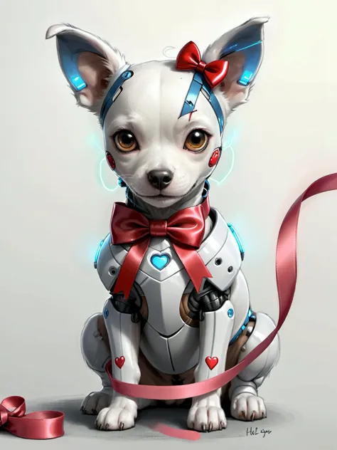 drawn sketch of a cyborg dog with a Ribbon tied into a bow with a heart