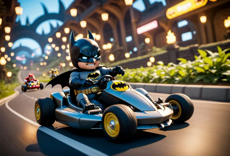 cinematic photo of batman driving down the mario kart trail hunting down koopa, 35mm photograph, film, bokeh, professional, 4k, highly detailed