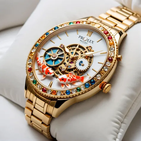 an expensive "Prollex" brand wristwatch, gold bracelet, gems, Clock face with visible gears and koi, on a white velvet Pillow