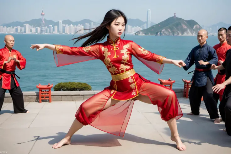 20 year old asian warrior girl, translucent red chinese slit dress with golden Embroideries, fights a kung fu match in a feng shui garden, surrounded by many people watching, ocean skyline