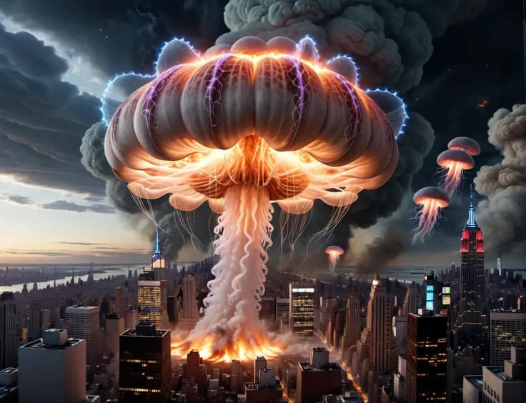 the people in the streets of new york city are panicking and looking up to a gigantic extraterrestrial atomic Mushroom cloud jellyfish creature hovering over the city at night, burning city, Ground view, sparks, smoke, 8k, epic realistic, ultra detailed, war, end of the world, burning city