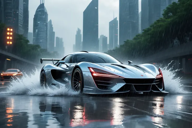 supersportscar from another dimension racing over the wet highway, trails in the water, splashing water, heavy rain, futuristic city skyline