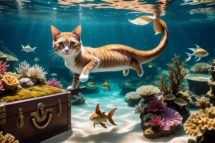 cat mermaid floating in the water, you can see a tropical forest above the water surface, wodden tresure chest, old rusty anchor, many fishes, 35mm photograph, film, bokeh, professional, 4k, highly detailed