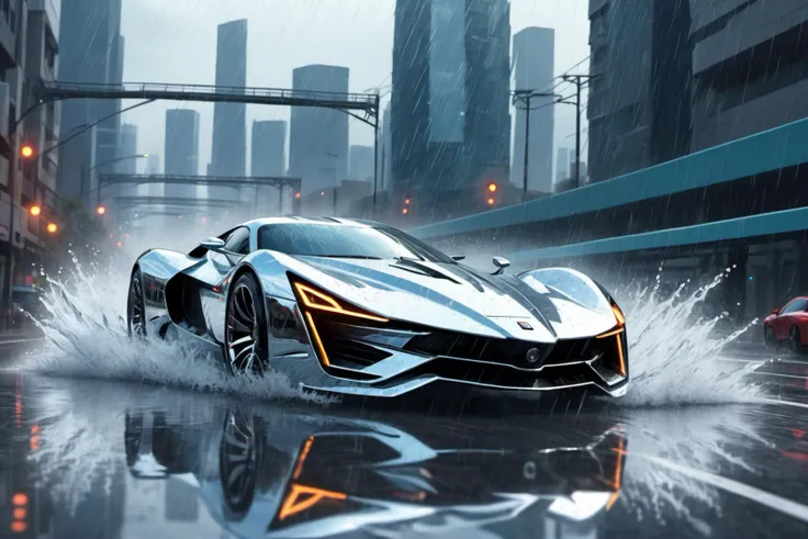 chrome supersportscar from another dimension racing over the wet highway, polygonal design, trails in the water, splashing water, heavy rain, futuristic city skyline
