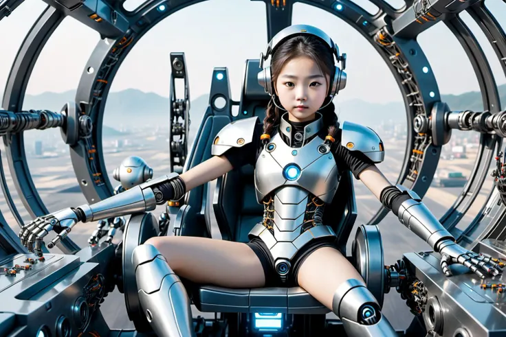 korean cyborg girl from the future, wires, hydraulic, gears, sitting in the cockpit of her spaceship, glass heels, armor pants, armor blouse, glass headgear, surrounded by cute little robots