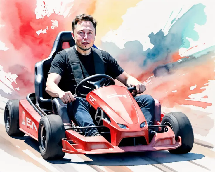 elon musk driving a gokart, expressionistic watercolor artwork