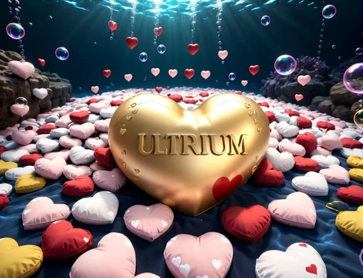 golden text "Ultrium 4" lying in a pile of hearts, under water, bubbles, 8k, epic realistic, ultra detailed