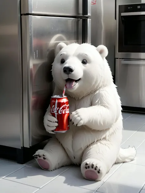 anime sketch of a little icebear drinking a cokesitting in front of the open refrigerator