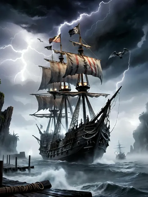 cinematic photo of ragged ghost sailing ship under the flag of "The Death" goes to anchor at the port of Skull Island, a place where the sea is dark and poisons fog lies over the reefs. The Crew unloads the cargo. Demonic Seagulls are waiting patiently on high wooden posts on the quay. lightning. luis royo style