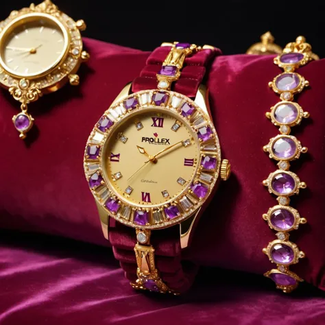 an expensive "Prollex" brand wristwatch, gold bracelet, diamond gems, illuminated amethyst Clock face with golden woman statues, ornaments on a red velvet Pillow, close up Promotional photo, high detail
