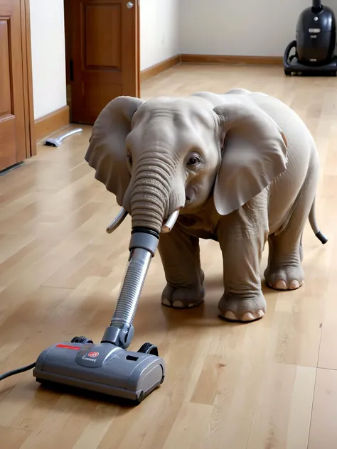 elephant vacuum cleaner hybrid creature cleaning the floor, 8k, epic realistic, ultra detail