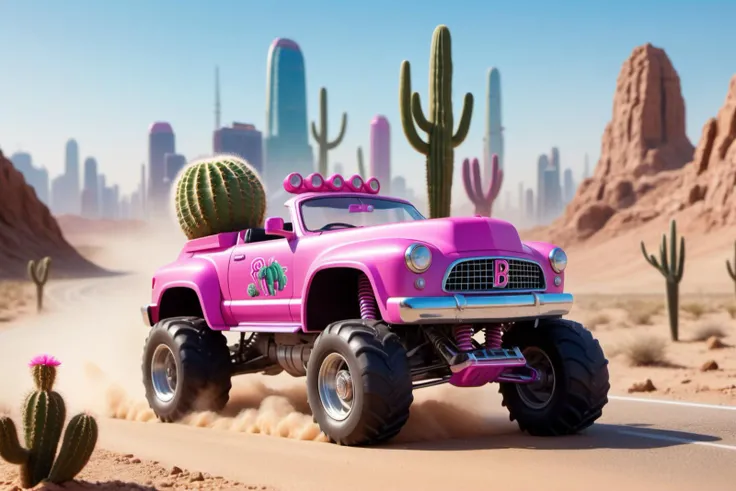 cute barbie ((cabriolet)) monster truck driving down a desert highway, Dust is kicked up, Cacti, futuristic city skyline