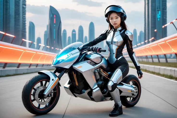 asian sportsgirl from the future, headgear, high tech suit with wires and lights, ride a high tech motorcycle with jet propulsion on a futuristic racing track along the shore of a futuristic city