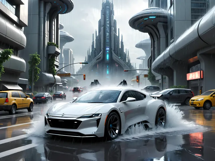 science fiction utopia car in a futuristic city, rain, splashing water, arcology, traffic, 8k, epic realistic, ultra detail
