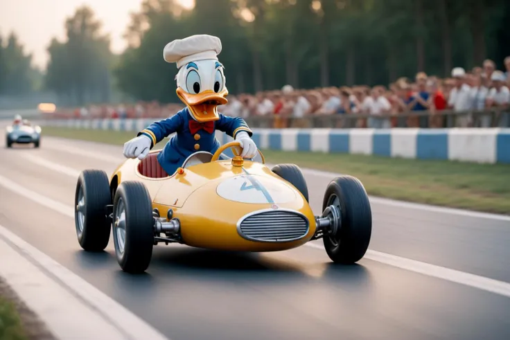cinematic photo of donald duck driving a n oldtimer on a carrera looping racing track, 35mm photograph, film, bokeh, professional, 4k, highly detailed