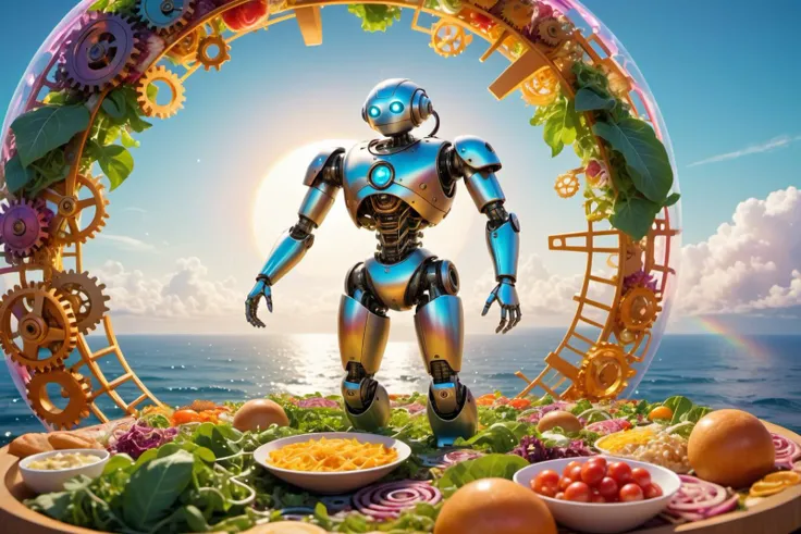 humanoid bretzelmasterrobot from outer space floating in a dreamy sphere of warm light over an ocean of food and gears and rainbowgrids, salad leafs floating in the air