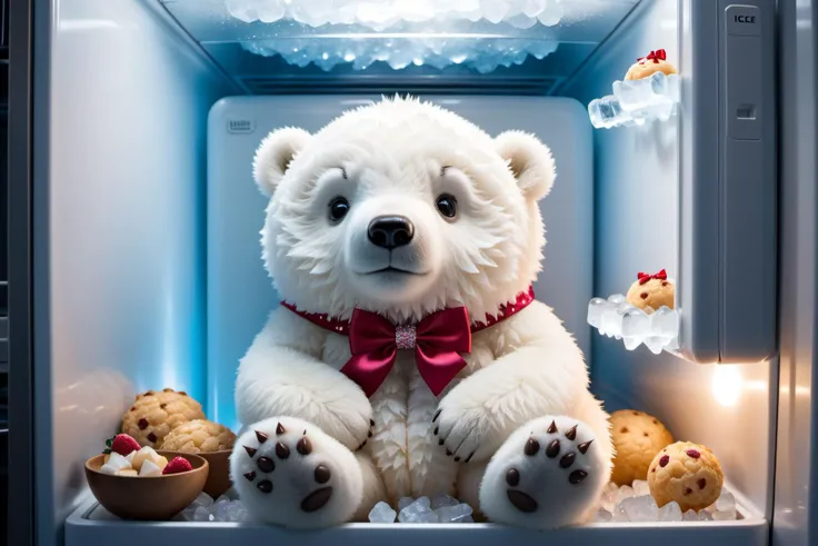 little baby icebear wearing a hairbow is sitting in a refrigerator between delicious food and ice crystals, layered cold fog, the refrigerator is illuminated by warm light