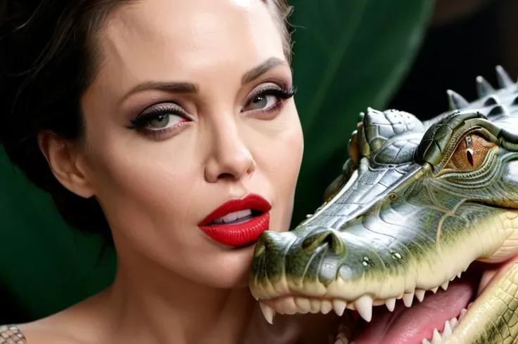 hyperrealistic art NSFW, Angelina Jolie (((fucking with a crocodile))), face with red lips, makeup . extremely high-resolution details, photographic, Ultra-precise depiction, Ultra-detailed depiction, realism pushed to extreme, fine texture, incredibly lifelike