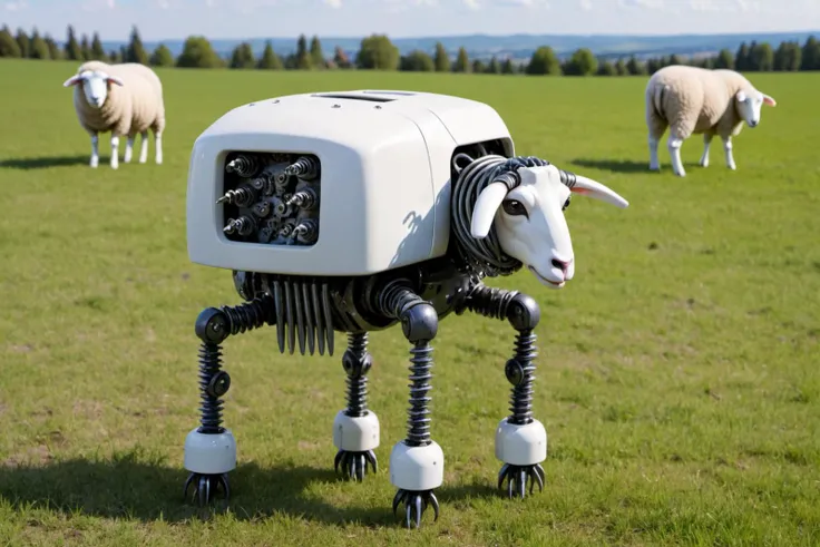 terminator robot sheep on the pasture eating screws