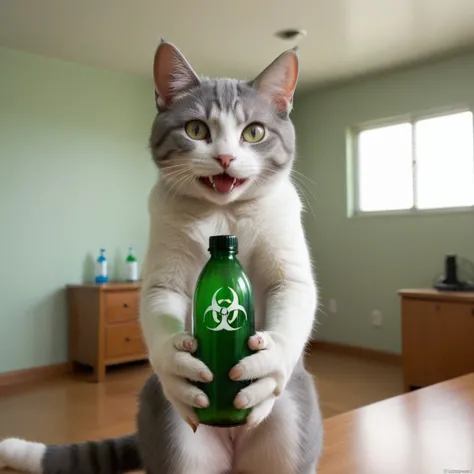 A cat in room holding in his animal hands bottle with biohazard symbol, a sly smile on the cat's face
