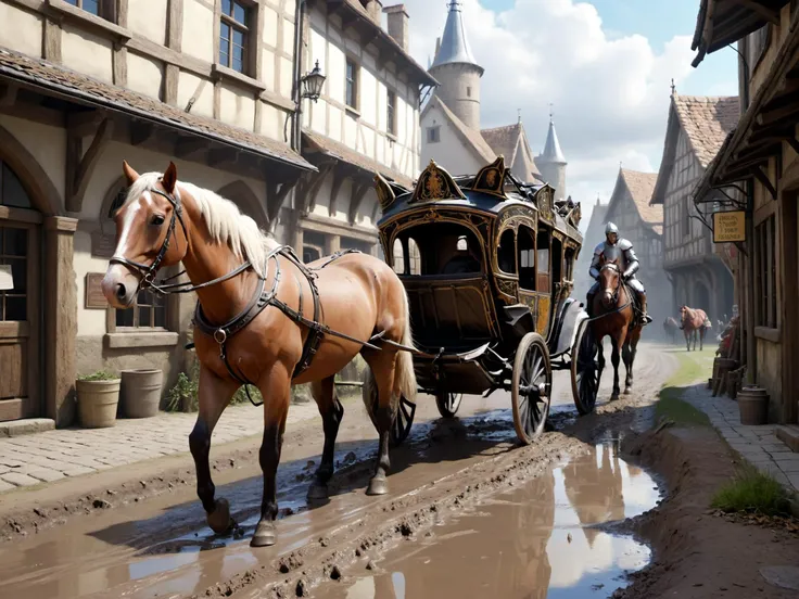 historic carriage in a medieval city, muddy trail, horses, merchants, 8k, epic realistic, ultra detail