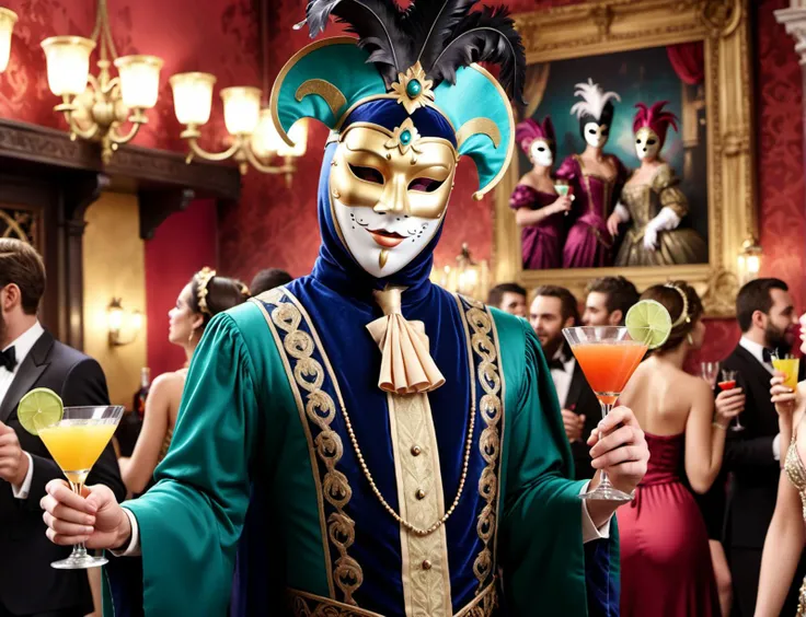 decoration banner with the inscription "Ultrium V4.0", drunken party people dancing at a Venetian masked ball, holding a cocktail, 8k, epic realistic, ultra detailed
