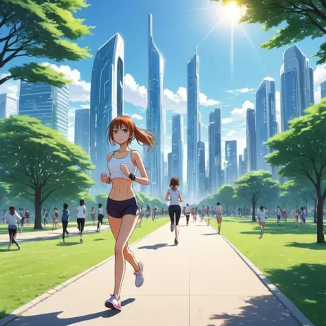 anime girl jogging through the park, futuristic city skyline, many people leisurely walking and enjoying the sun