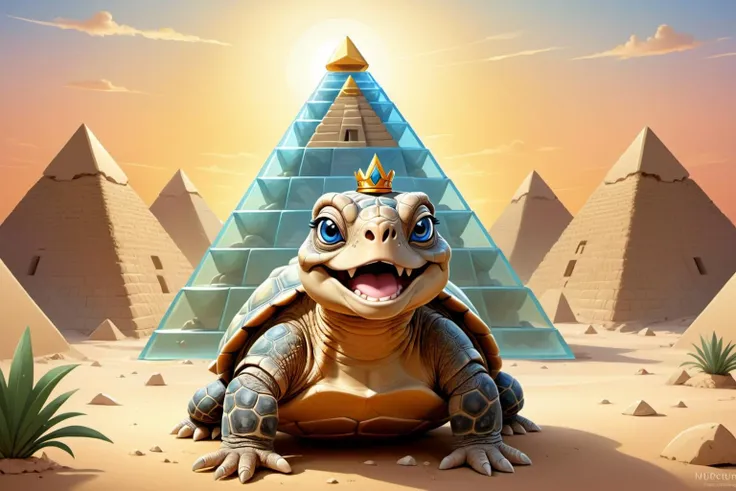 cartoon of the cute king of tortoises ruling as pharaoh in a translucent pyramid