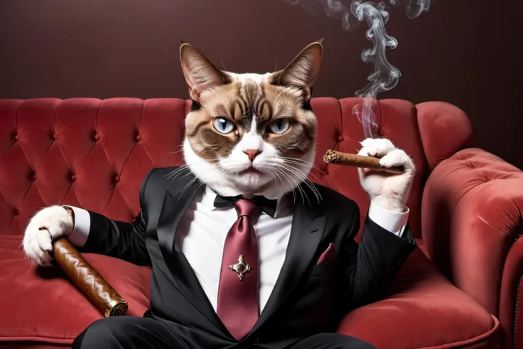 cross-eyed ugly mafia cat lies on a couch and smokes a big cigar