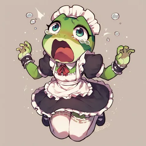 score_9, score_8_up, score_7_up, score_6_up, score_5_up, frog,female,anthro,green skin,spot,maid costume,white stockings, tears, crying, open mouth, crying with eyes open, tearing up <lora:xl_XL_crying_aqua(pony)-000016:1>