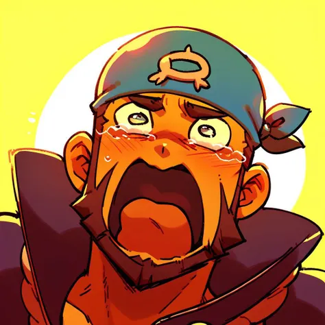 score_9,score_8_up,score_7_up,score_6_up,score_5_up,score_4_up, open mouth,solo,tears,crying,blush,crying with eyes open, archie, dark skin, facial hair, sun, sky, sun rays, lens flare, blue bandanna