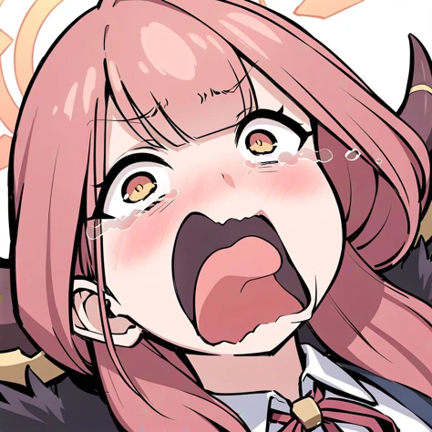 <lora:xl_crying_aqua_(meme):1>,1girl,open mouth,solo,tears,crying,blush,crying with eyes open, aru (blue archive) , demon horns, fur-trimmed coat, neck ribbon, masterpiece, best quality,