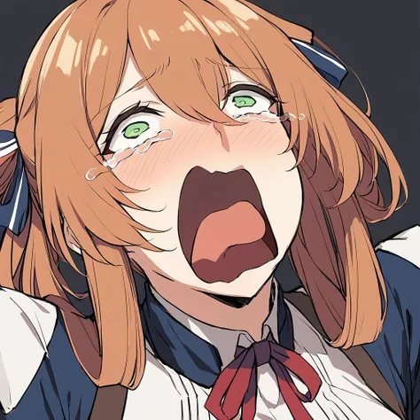 1girl, springfield, \(girls' frontline\), girls' frontline, green eyes, ginger hair, open mouth, solo, tears, crying, blush, crying with eyes open, very aesthetic, best quality, <lora:xl_crying_aqua_(meme):1>