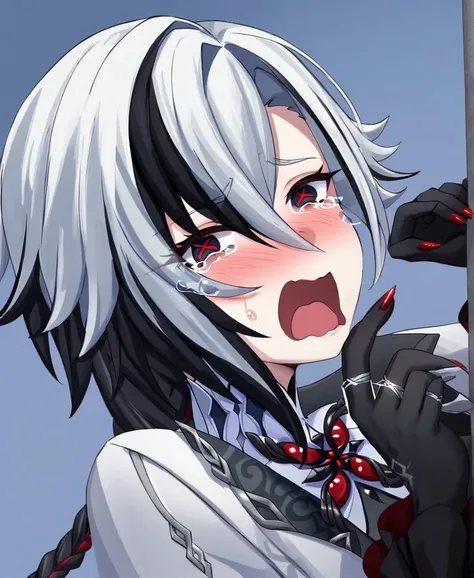 <lora:arlecchino_xl:1>, best quality, masterpiece, parted_lips, x-shaped_pupils, looking_at_viewer, red_pupils, white_coat, highres, smile, black_hands, frilled_sleeves, multiple_rings, solo, red_nails, 1girl, arlecchino_\(genshin_impact\), long_sleeves, <lora:XL_crying_aqua(kohaku_delta):1>, open mouth, solo, tears, crying, blush, crying with eyes open