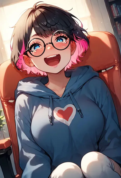 score_9, score_8_up, score_7_up, Expressiveh, 1girl, solo, cute face, cute features, shortstack, thin pink lips, long black eyelashes, ((short hair, black hair, pink highlights, bangs)), big round glasses, black framed glasses, blue eyes, (heart logo on hoodie), large breasts, oversized blue hoodie, oversized sleeves, thigh high socks, big smile, (((thick white character outline))), hearts, from below, bedroom, sitting on gaming chair, extreme close-up, up close, face focus, open mouth,solo,tears,crying,blush,crying with eyes open